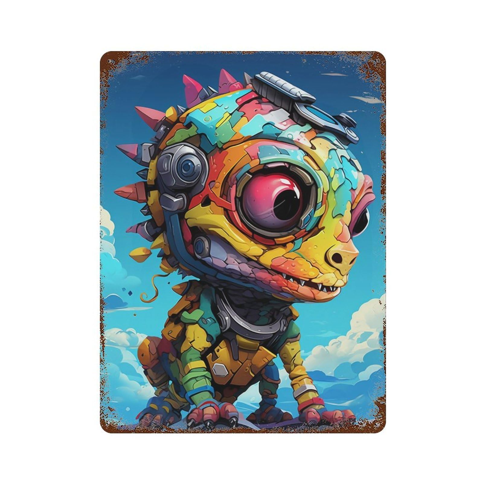 Vintage Rust Metal Sign with Colorful Robot Lizard Toy-1 Design 15.7"x11.8", for Shed, Workshop And Garage Wall Decor, Retro Wall Decor