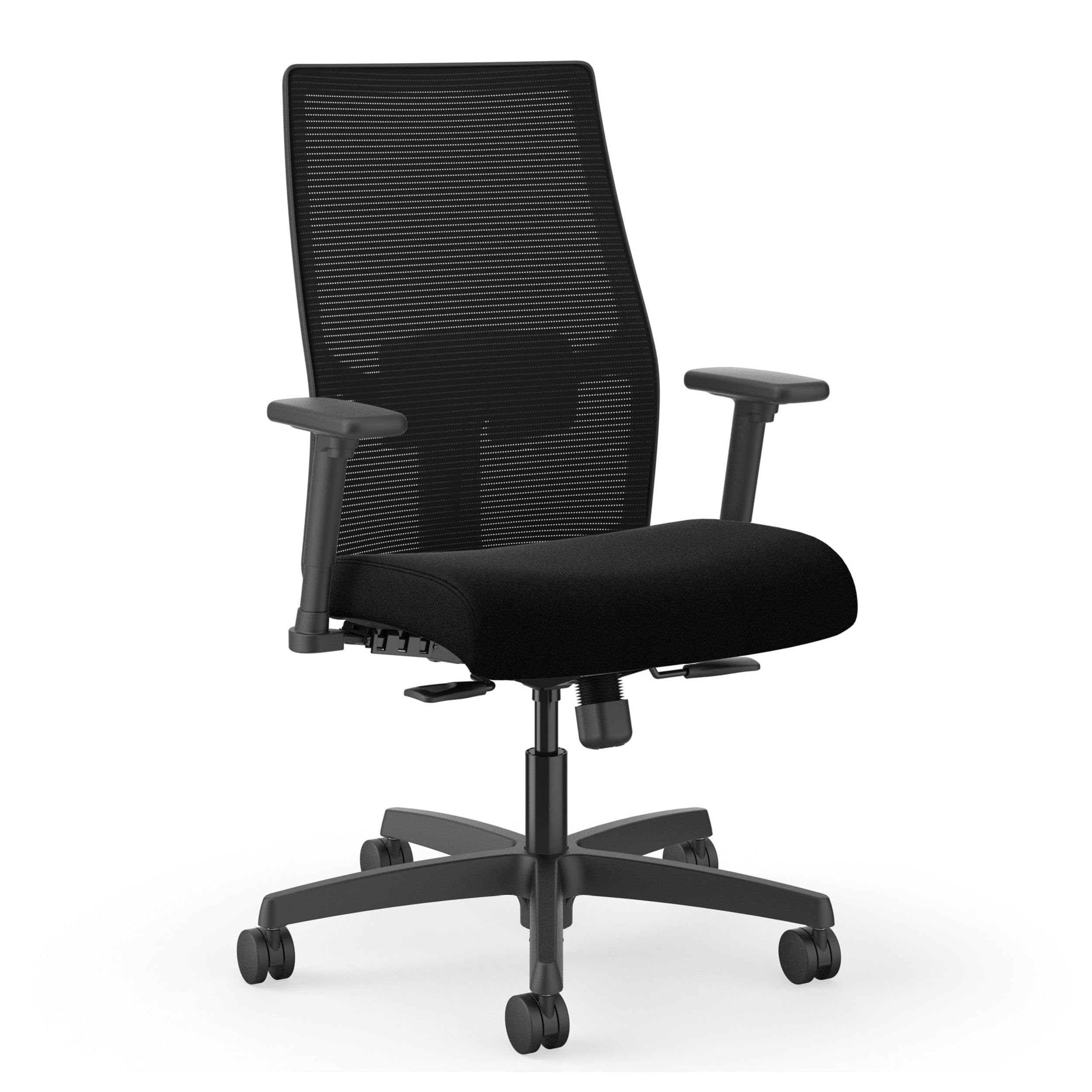 Photo 1 of **RECOMEDED FOR PARTS/ HEAVILY USED & MISSING WHEELS*** HON Ignition 2.0 Mid?Back Ergonomic Office Chair, Mesh Task Desk Chair with Lumbar Support, Standard Synchro?Tilt, Height and Width Adjustable Arms, Black Frame, Black