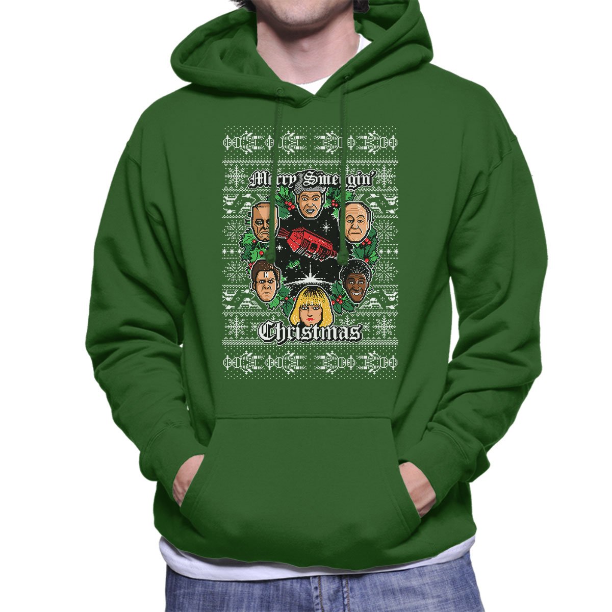 Cloud City 7 Men's Bottle Green Merry Smeggin Christmas Red Dwarf Hooded Sweatshirt