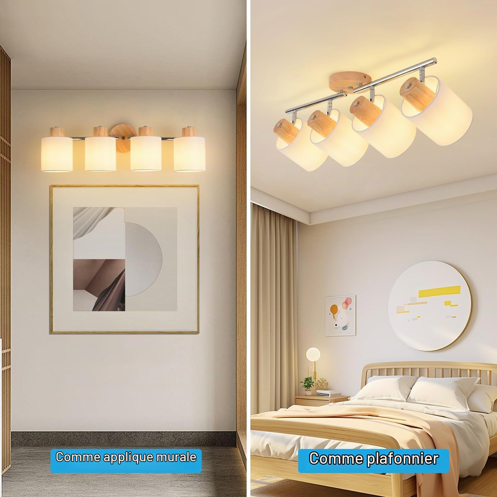 Plafonnier Bois 4 Spots,Applique Murale Orientable LED E14,Sans Ampoules