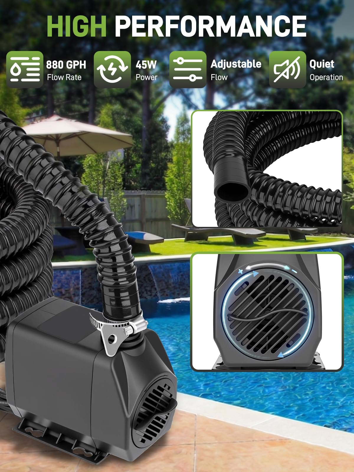 Kit cascata per laghetto con luci a LED e pompa filtrante da 45 W, in acciaio inox 304 da 30,5 cm con pompa dell'acqua da 45 W, 880 GPH, fontana a cascata per esterni