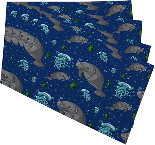 HOSNYE Manatee - Juego de 4 manteles individuales para cocina, mesa de comedor, fondo sin costuras, con diseño de mar tropical, vida silvestre,