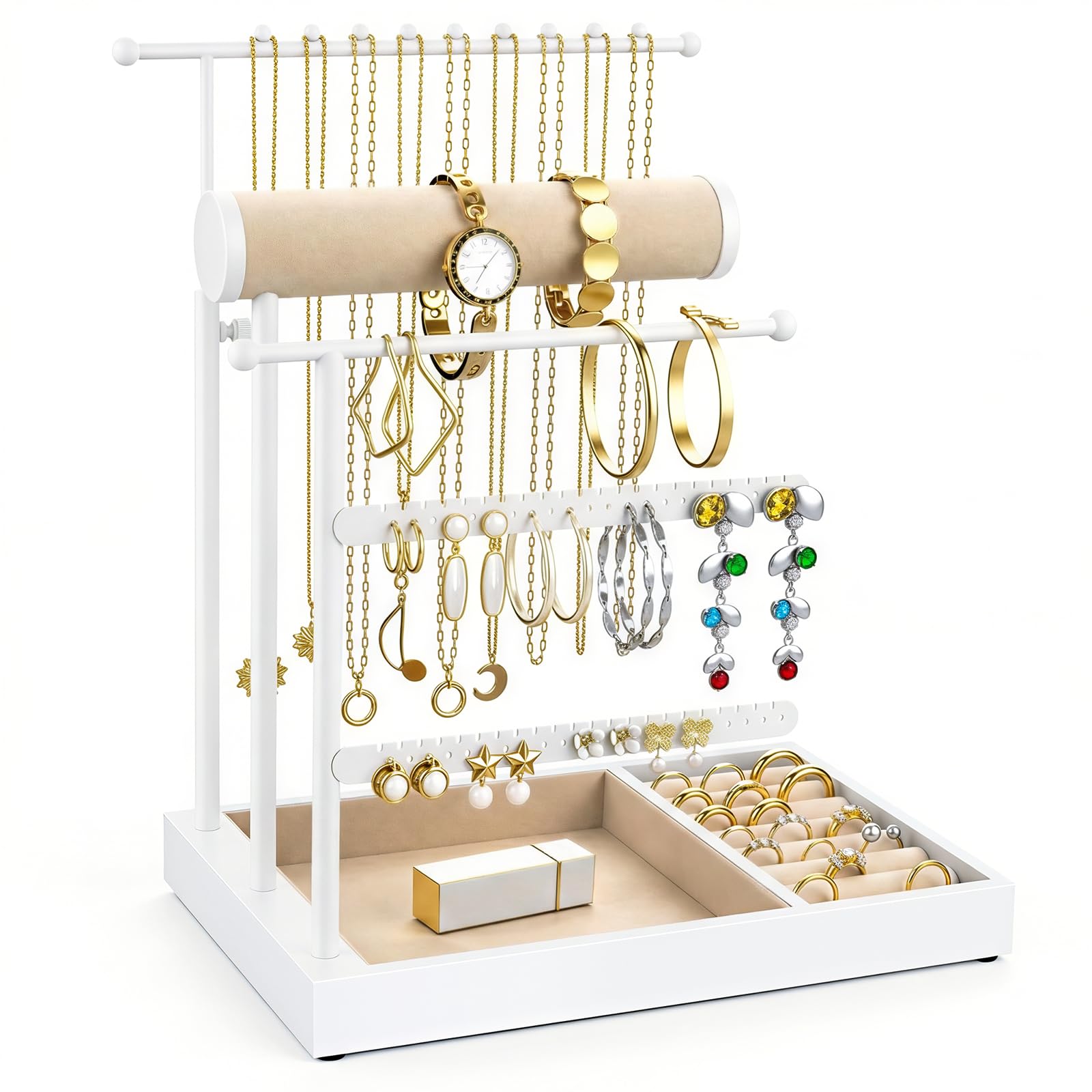 Emibele Sostenedor Collares Organizador Joyero Soporte Con Bandeja Terciopelo Organizador Joyero Torre Para Pendientes Brazaletes Y Collares Elegante Torre Joyero Regalos Para Mujeres, Blanco