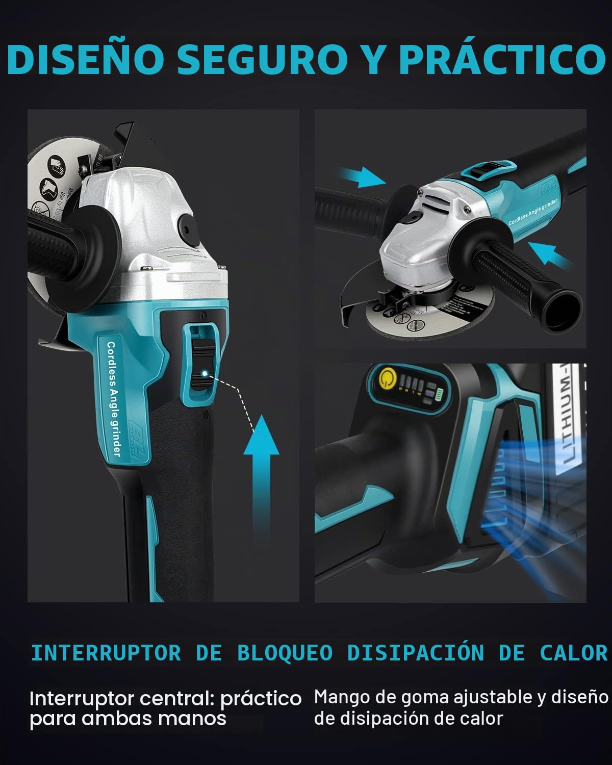 LabTEC Amoladora Angular, 800W, Amoladora Angular con Cable y Cuchillas con 2 Packs 18V 5500mAh Batería y Cargador para Cortar, Esmerilar, Pulir y Afilar