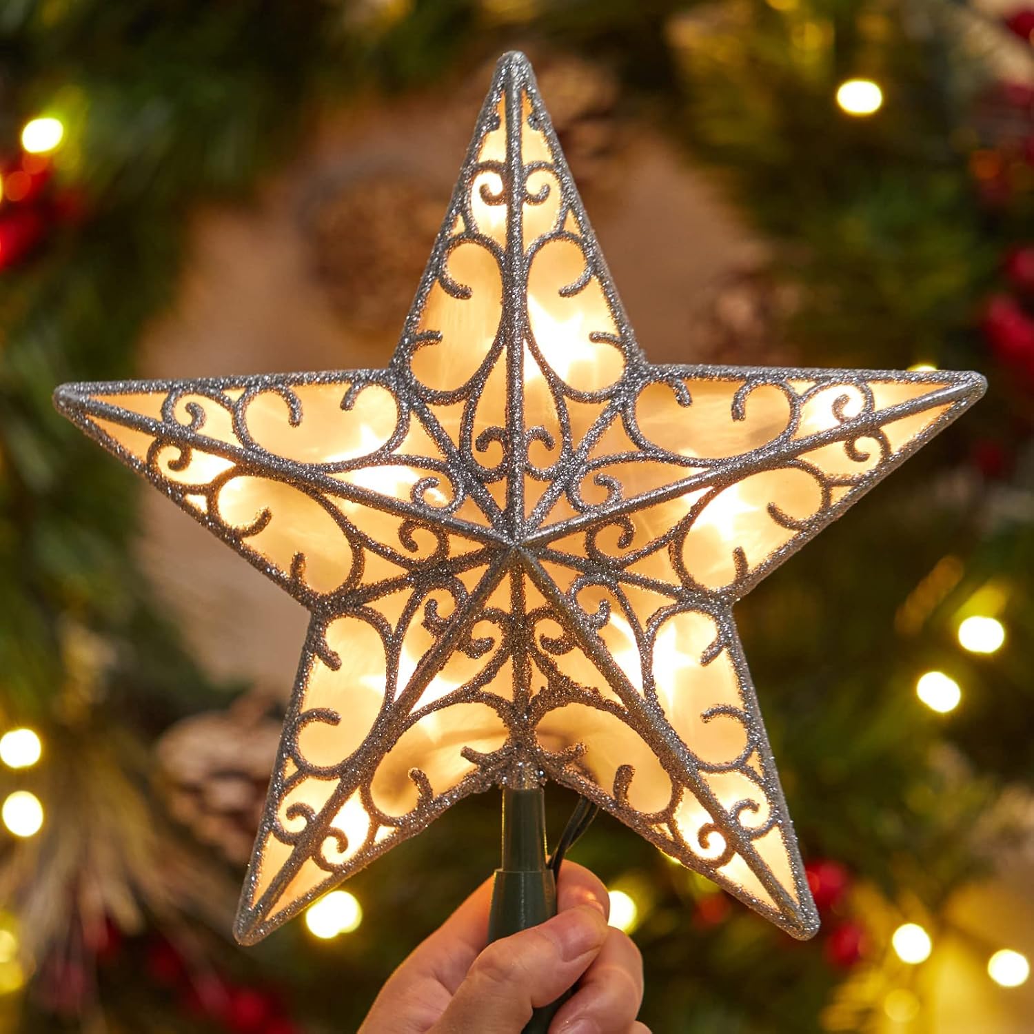 Christmas Star Tree Topper, Plug in Sliver Glittered 3D Star Tree Topper, Metal Hollow Designed Built-in 10 Bulbs String Lights for Indoor Office Christmas New Year Holiday Tree Decoration - Image 5