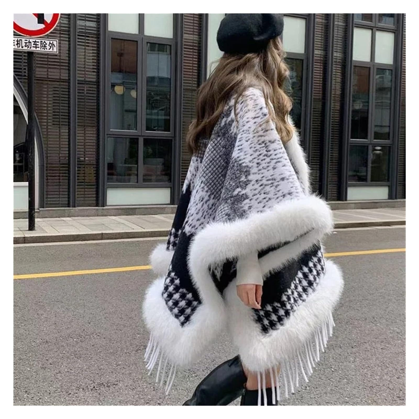 Poncho Invernale da Donna, Cardigan Caldo e Largo, Scialle, Mantello Oversize con Motivo Stampato