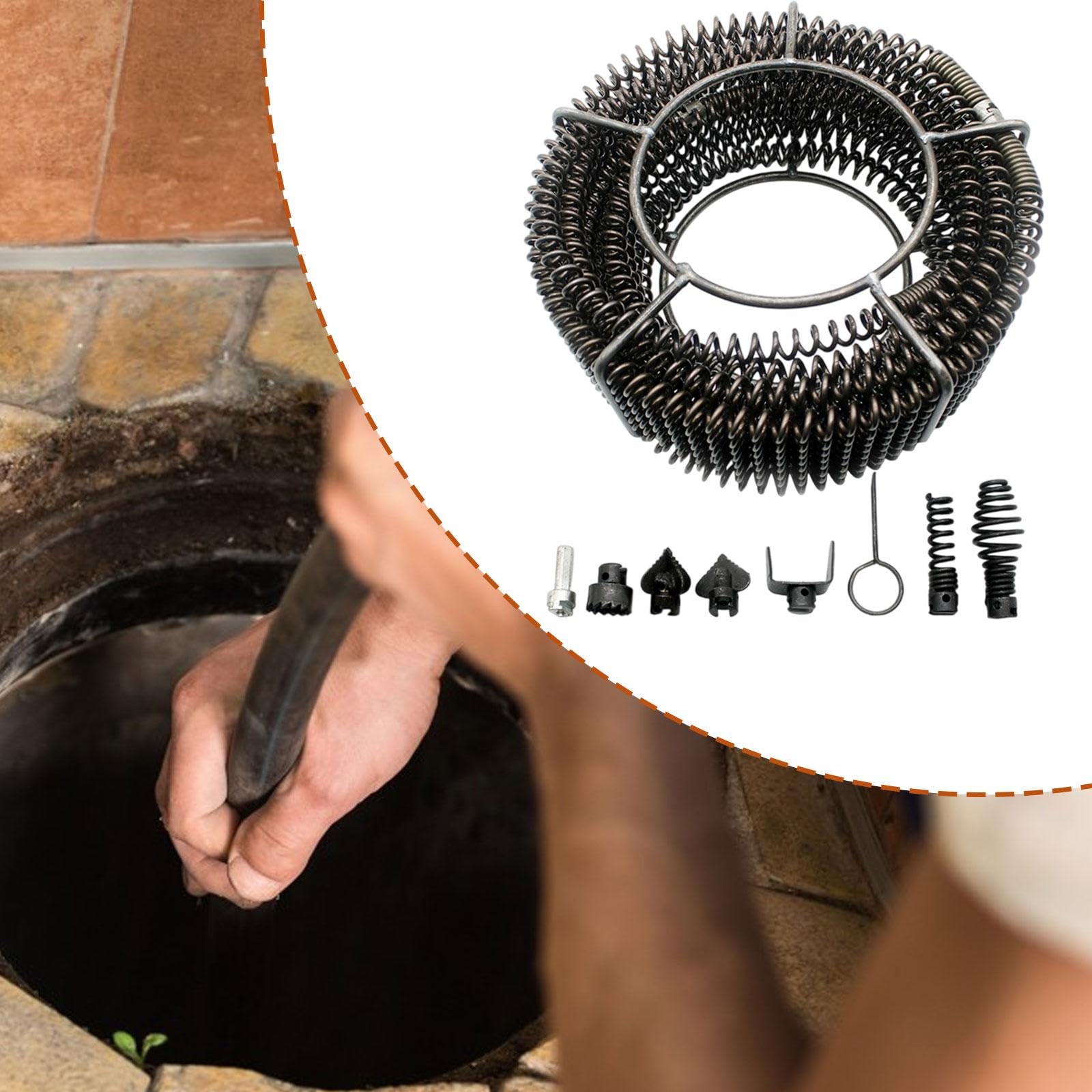 Resorte de Extensión para Tubería Herramienta de Limpieza de Drenaje Cepillo Desatascador Portátil Muelle Compresor de Alambre de Acero Adecuado para, 12 M Length
