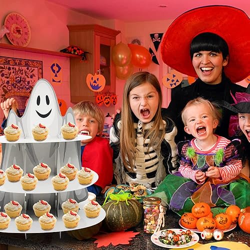 Miniatura 6 de Soporte de 3 niveles para cupcakes de Halloween, castillo de Halloween, soporte redondo de cartón, torre de postre, torre de árbol de postre para