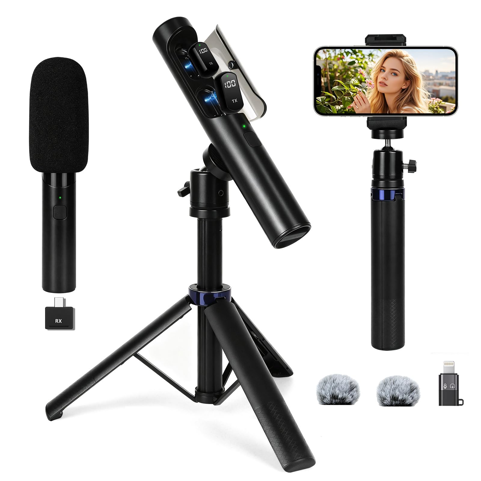 Micrófono Lavalier 4 en 1 para iPhone, iPad, Android, mini micrófono con cancelación de ruido, emparejamiento automático y silencio, micrófono podcast con trípode para teléfono móvil