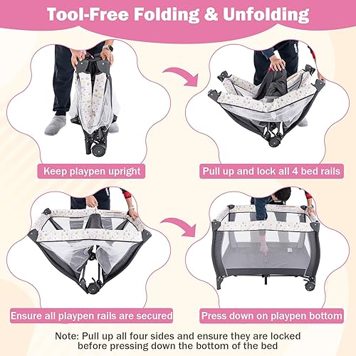 Miniatura 5 de HONEY JOY Pack and Play, corralito portátil 3 en 1 con moisés, cambiador, ruedas bloqueables, caja de música, centro de guardería plegable para cuna