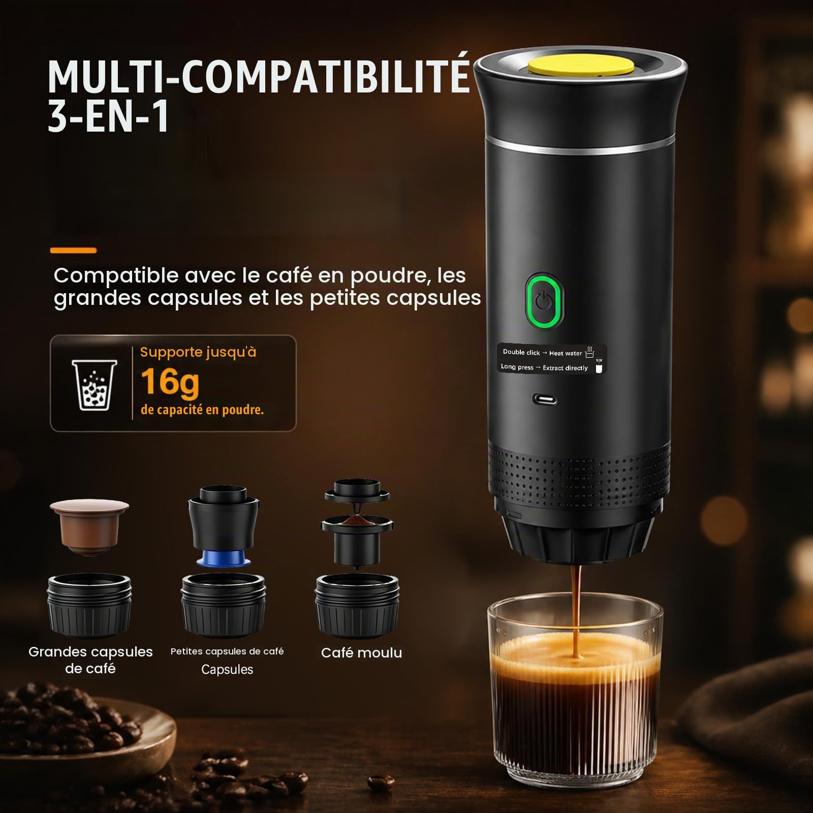 Machine a Cafe Portable, 3 en 1 Cafetiere Portable Rechargeable Compatible avec Capsules Espresso et Poudre de Café, Chauffage Électrique, Rechargeable, pour Camping Bureau Maison Voiture