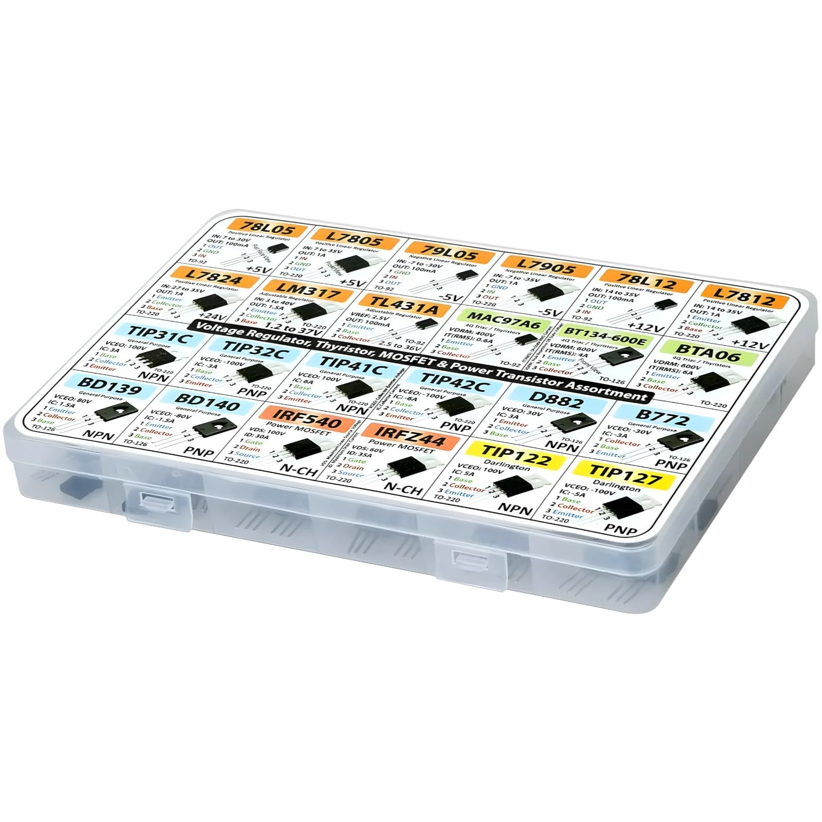 Kit de transistor genérico de 82 piezas, surtido de kit MOSFET, incluye transistores NPN PNP y reguladores de voltaje, práctica caja de almacenamiento, ideal para proyectos electrónicos y reparaciones
