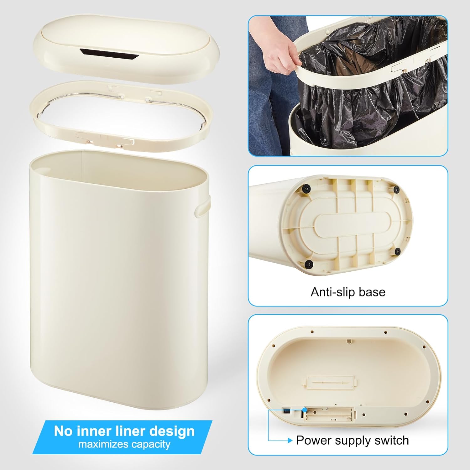 13 Gallon White Automatic Trash Can, Touchless Motion Sensor Kitchen Trash Can with Soft-Close Lid, 50L Slim Garbage Bin Smart Garbage Can for Bathroom Living Room Office