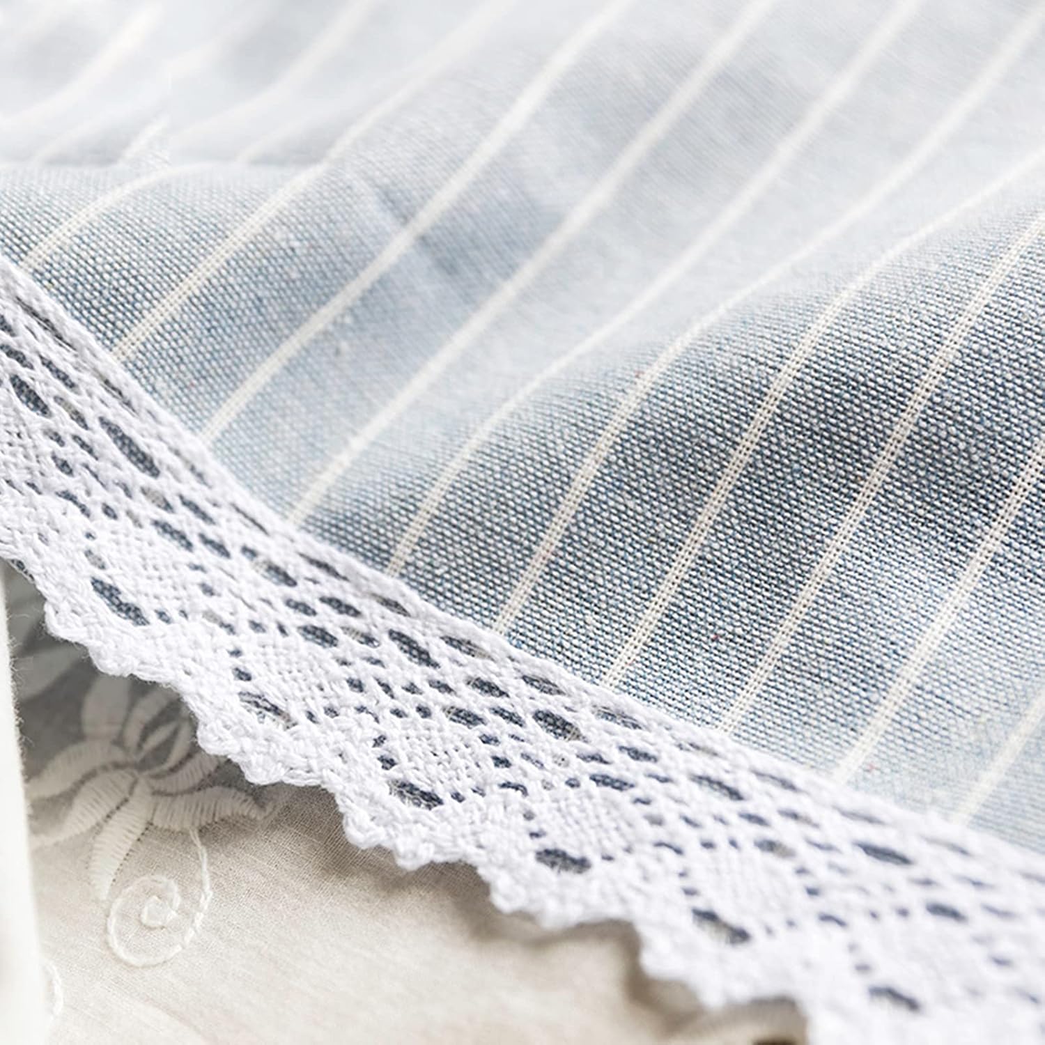 Kitchen Curtain,Lace Half Valance Curtain Short Curtains,Pure White Embroidery Blue Stripe Cafe Curtains,Tier Curtains,Bistro Curtain Country House for Bathroom Kitchen Door Decor Room Divider