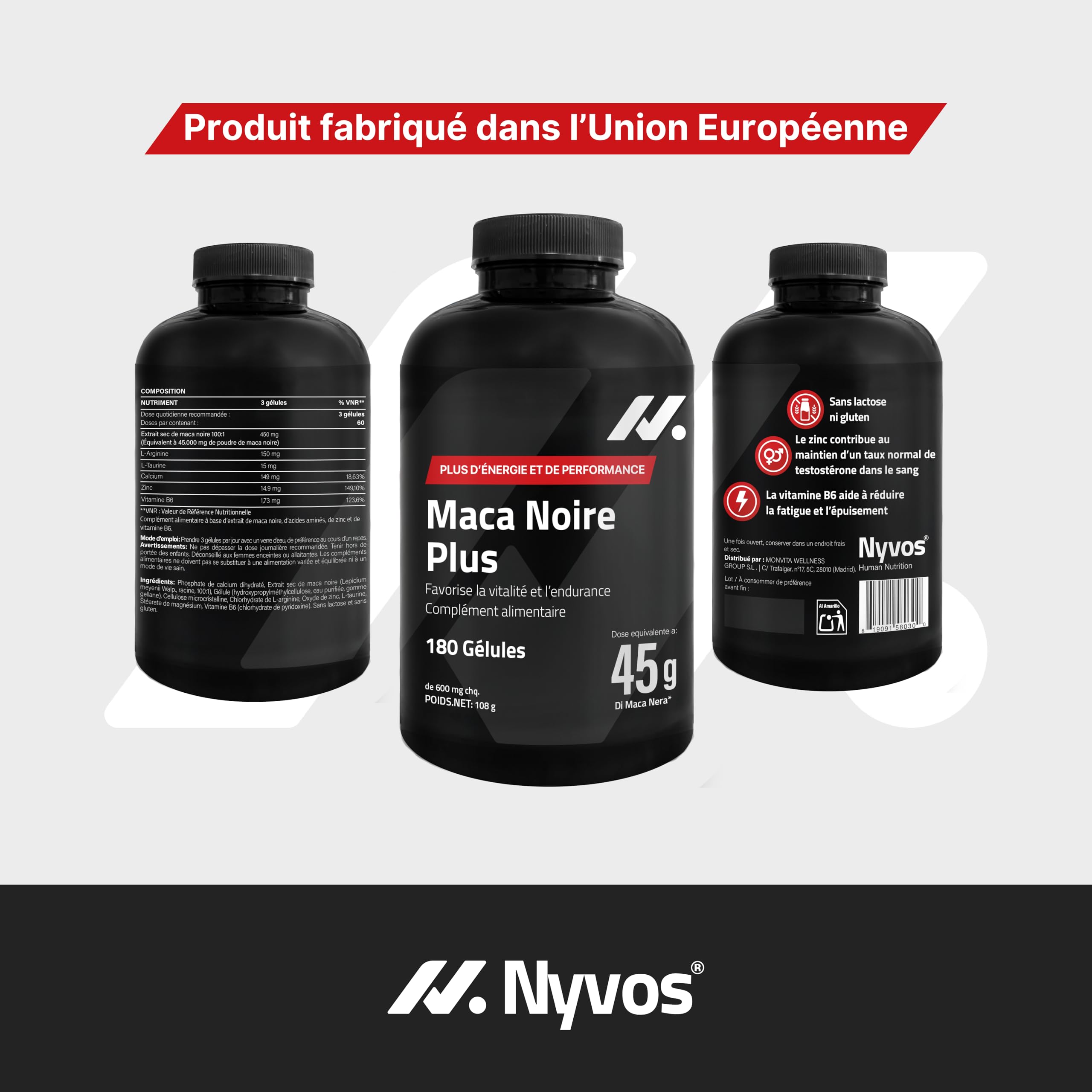 Maca noire 45 000 mg – 180 gélules végétaliennes – Énergie, vitalité et testostérone – Avec L-arginine, taurine, zinc, calcium et vitamine B6 – Qualité et sécurité des produits européens de l'UE