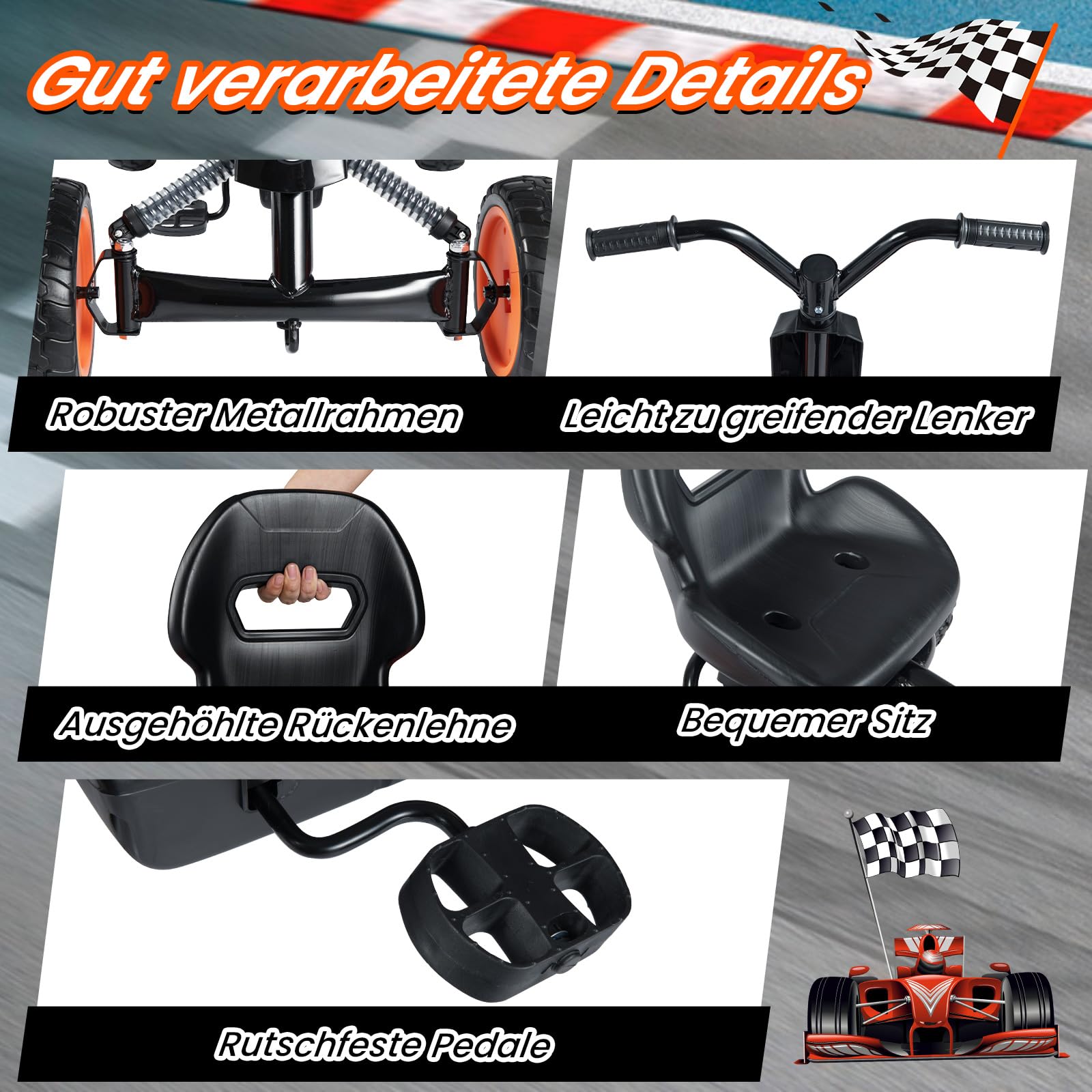 COSTWAY Kinder Gokart mit Pedal, Go Kart mit verstellbarem Sitz, Vor- & Rückwärtsgang, Tretauto bis 30 kg belastbar, Tretfahrzeug Outdoor mit Reifen für Jungen & Mädchen ab 3 Jahren (Schwarz)