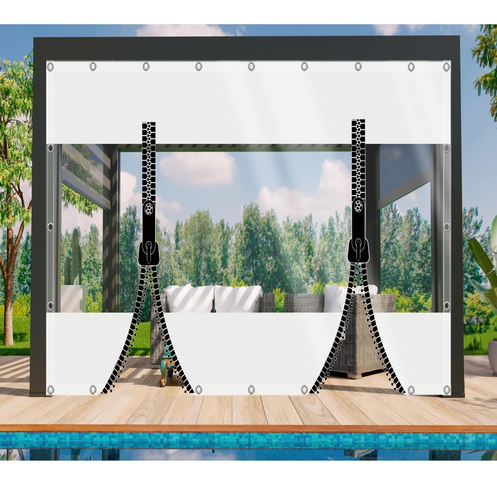 DGSFES Clear Tarpaulin Waterproof Heavy Duty H 2.1mxL 3.2m Tarp with Eyelets, Transparent Rainproof Tarpaulin 600 g/m Pergola Side Panels with 2 Zip for Garden Patio Cover
