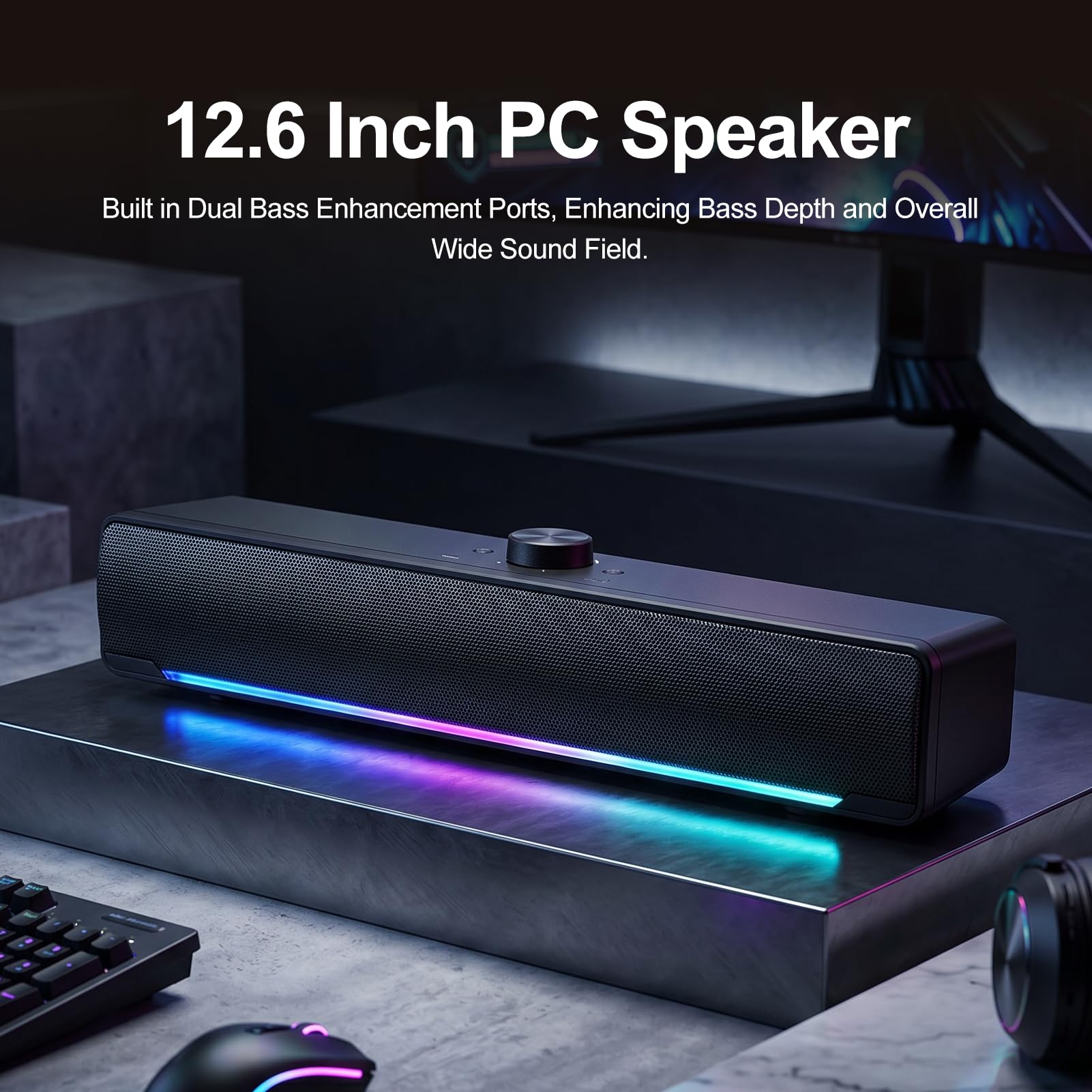 Altavoz para Ordenador, Altavoz Estéreo HiFi de Escritorio, con Iluminación RGB Dinámica y Control de Volumen Mediante Mando Giratorio, Bluetooth RGB para Juegos de