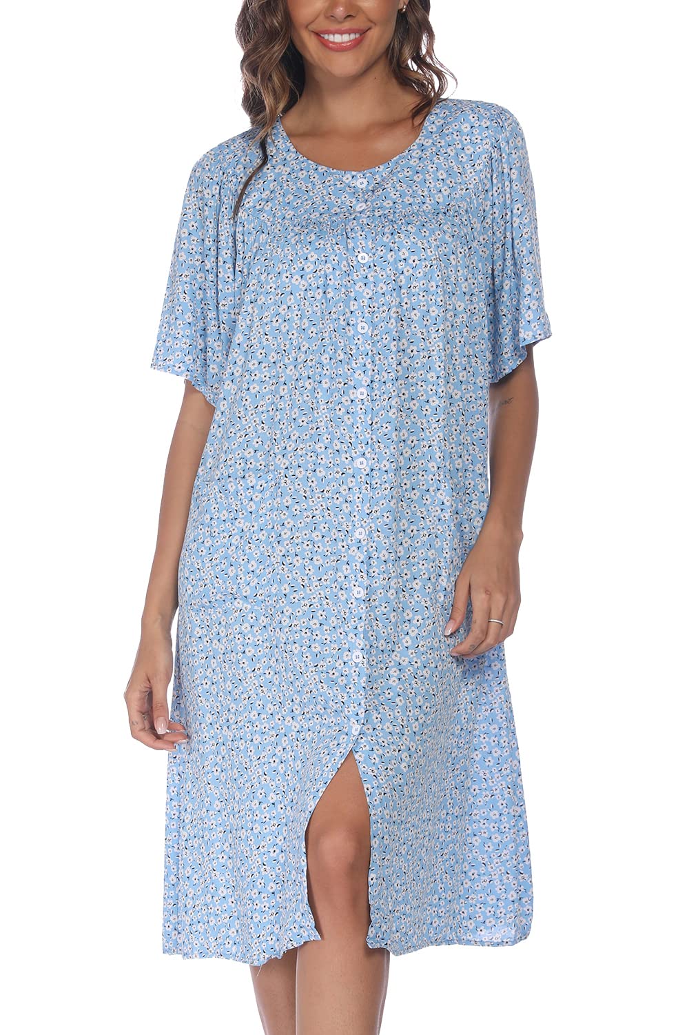 COSUNIONY House Dresses for Women Cotton Short Sleeve House Coat Buttons Down Dusters Robe with Pockets S-XXL, Blue Flower, L