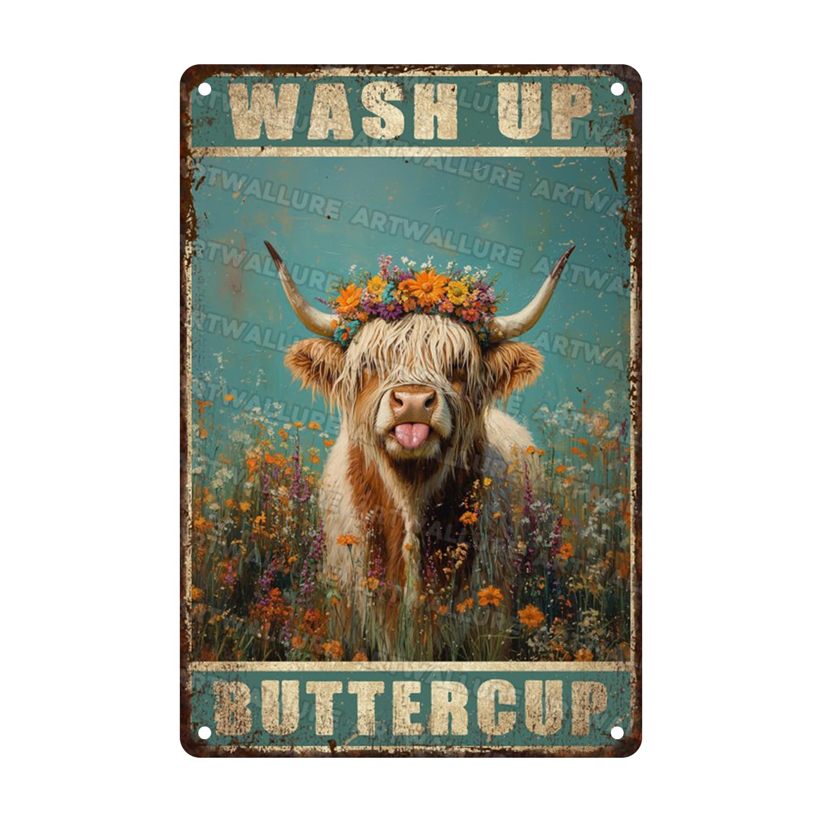Funny Highland Cow Decor Retro Bathroom Vintage Metal Sign Wash up Rustic Wall Art for Bathroom Man Cave Cafe Bar Metal Plaque 8x12inch