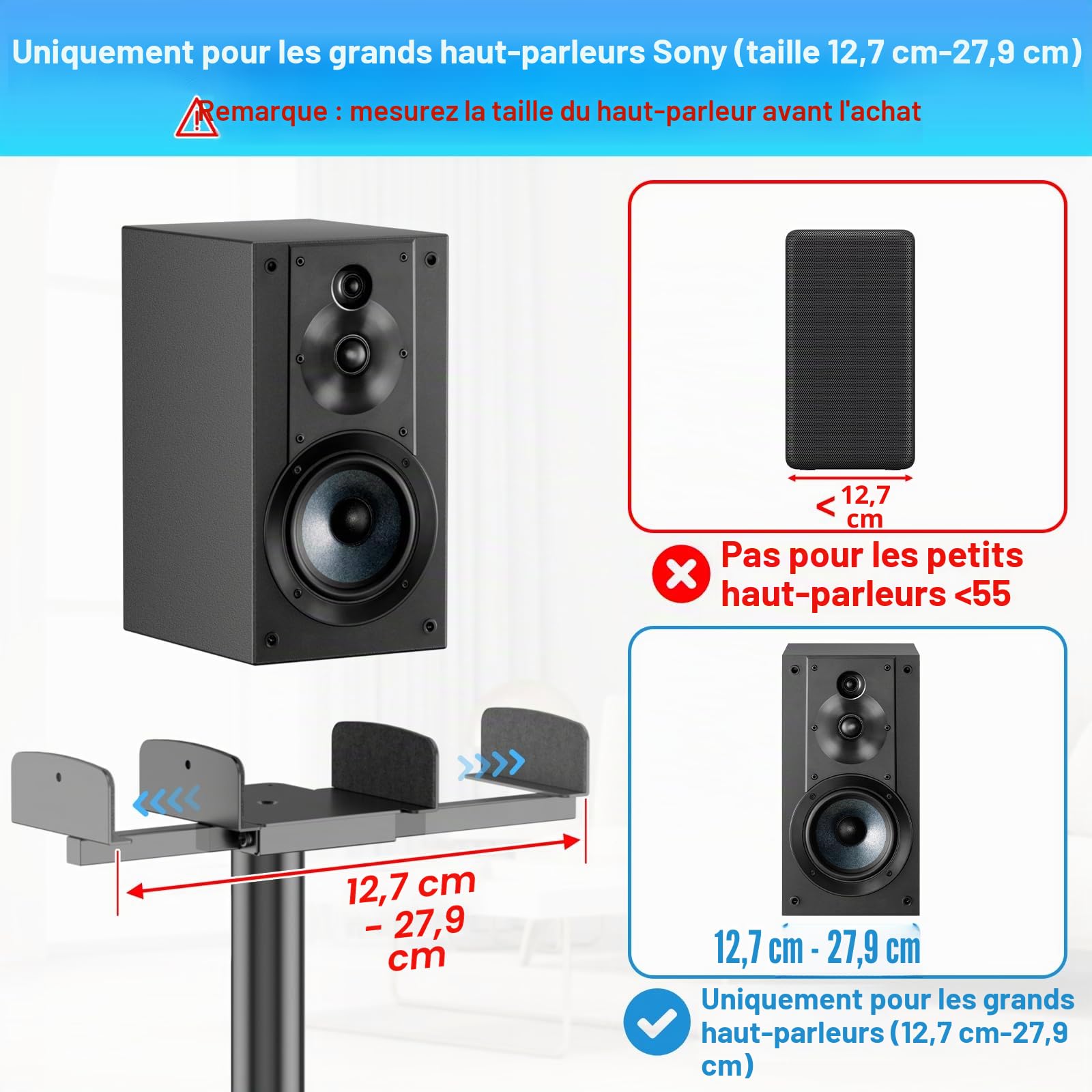 Supports d'enceintes renforcés (Paire) pour Sony HT-A9, SA-RS5, SA-R55, SA-RS3S, SA-Z9R avec Supports pour Barres de Son - Hauteur réglable 74 à 95 cm pour Enceintes Surround Sony