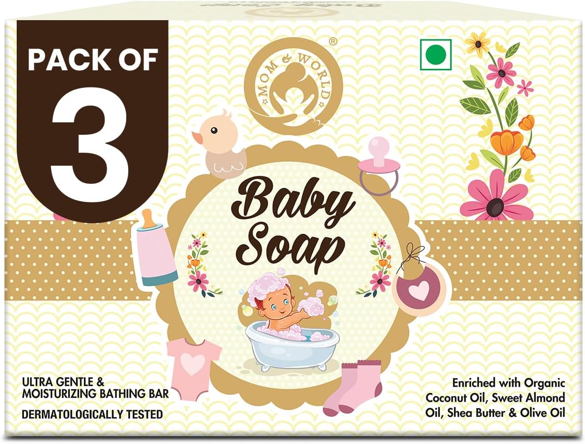 Mom & World Natural Baby Soap Enriched with Organic Coconut Oil, Sweet Almond Oil, Vitamin E, Shea and Cocoa Butter, 3 IN 1 - No SLS, Paraben, Mineral Oil