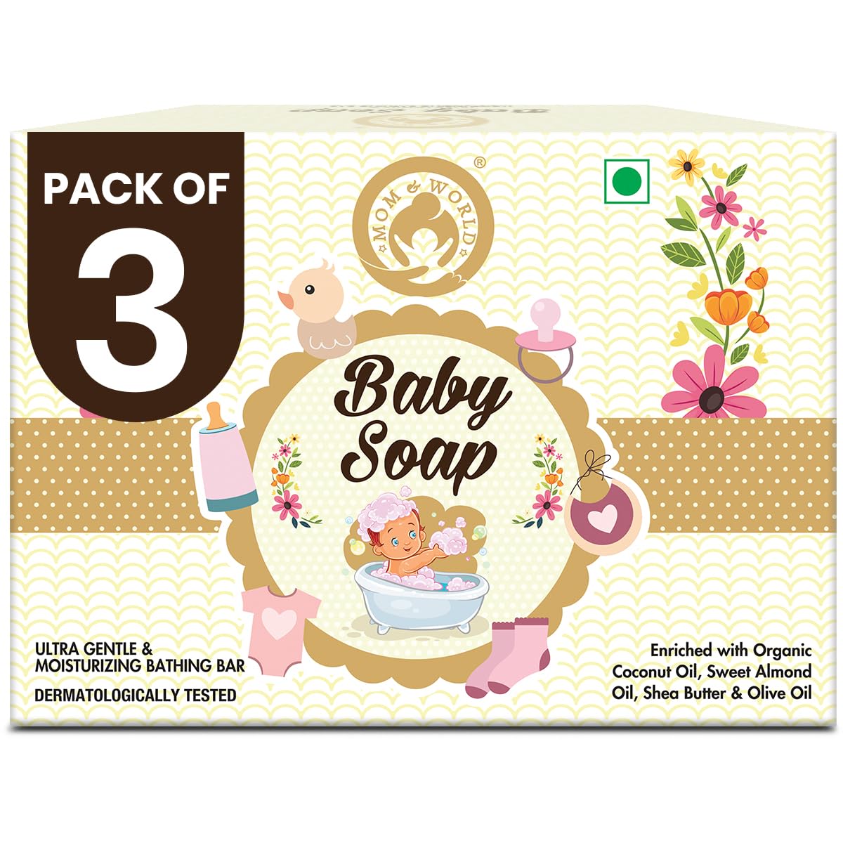 Mom & World Natural Baby Soap Enriched with Organic Coconut Oil, Sweet Almond Oil, Vitamin E, Shea and Cocoa Butter, 3 IN 1 - No SLS, Paraben, Mineral Oil
