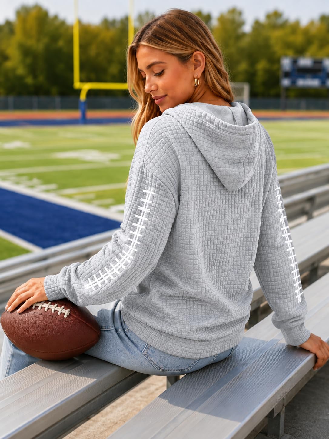 Game Day Hooded Sweatshirt Women Funny Football Graphic Shirt Waffle Knit Game Day Pullover Hoodies Long Sleeve