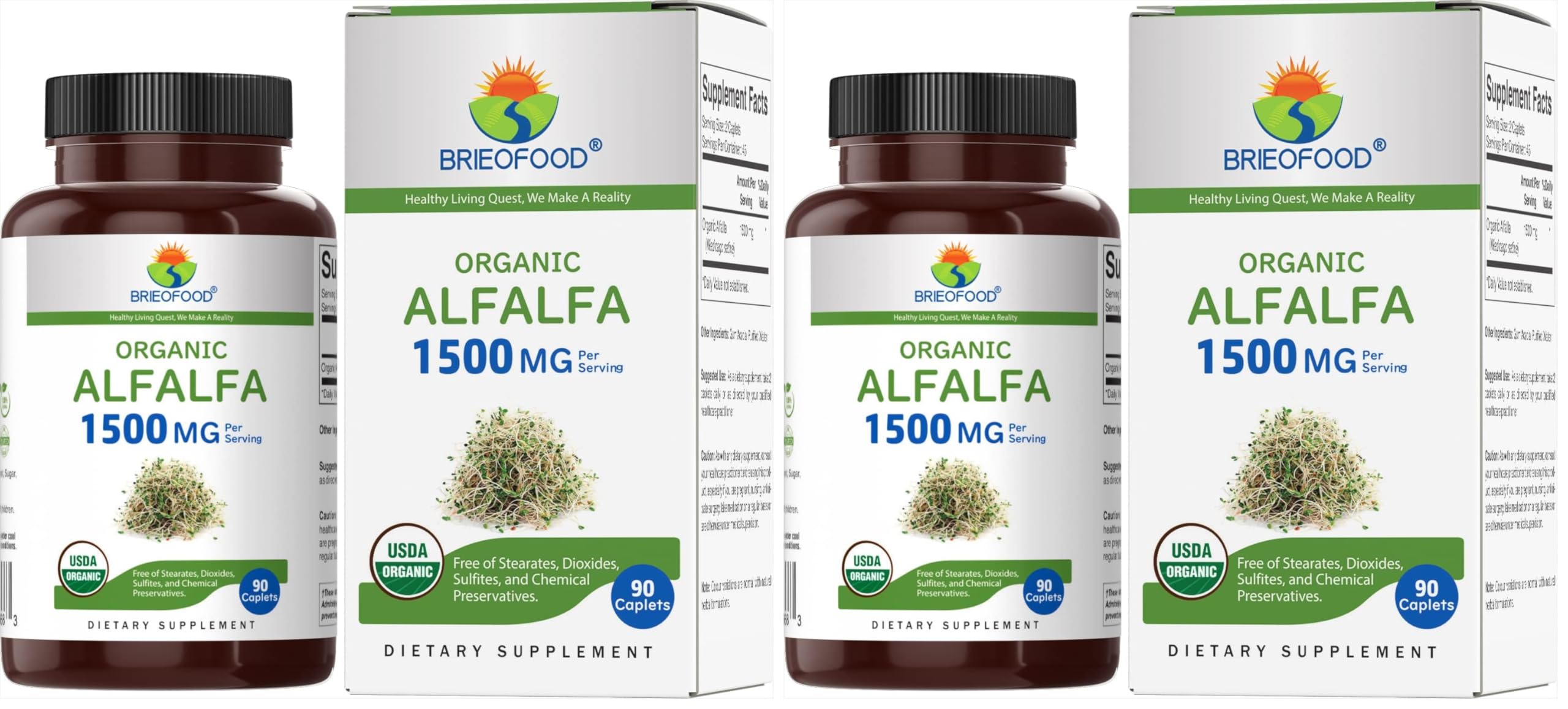 Brieofood Organic Alfalfa 1500mg, 45 Servings, Vegetarian, Gluten Free, 90 Vegetarian Tablets (Pack of 2) 90 Count (Pack of 2)