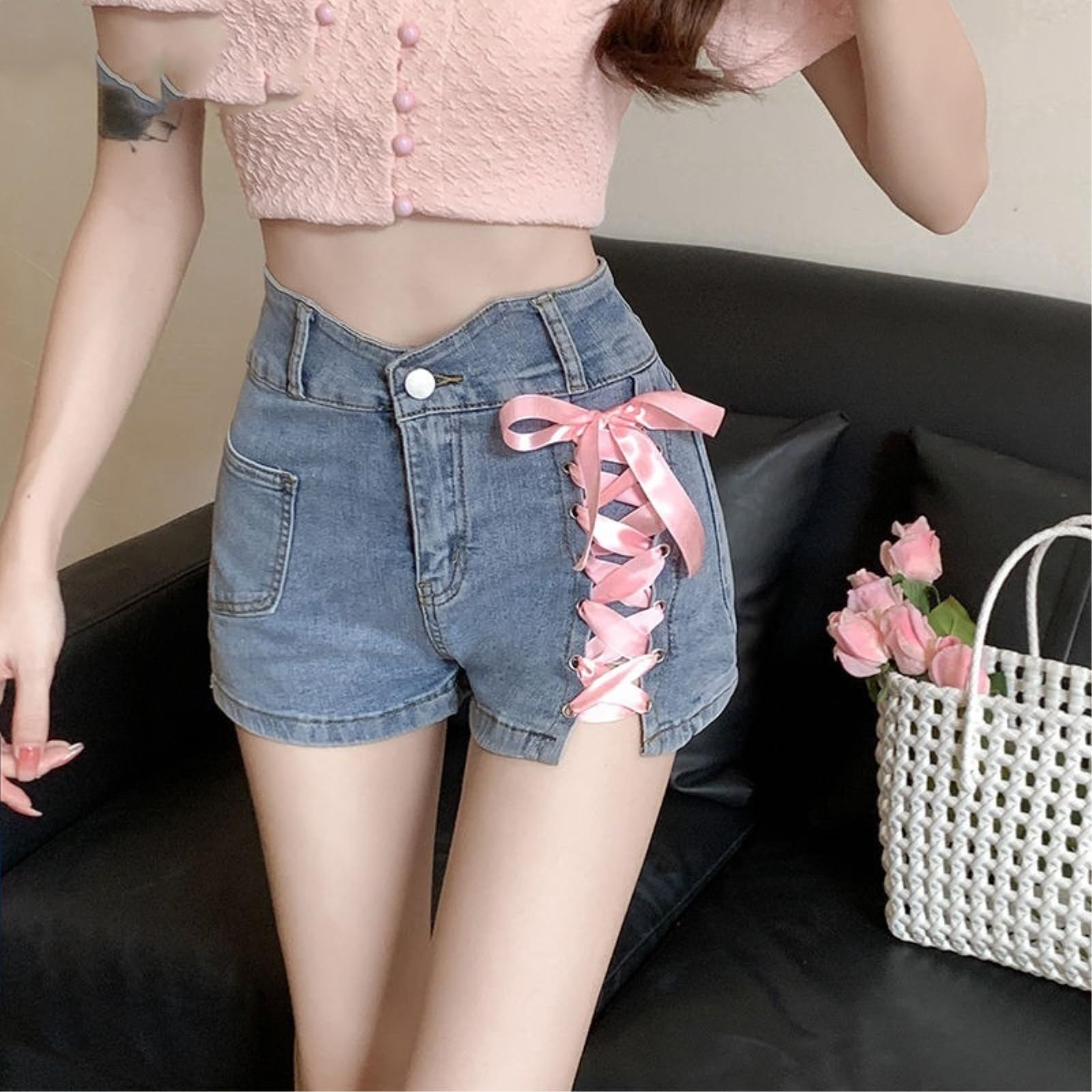 Shorts Jeans Donna Rosa Croce Denim Cravatta Pantaloni Decorativi Femminile Estate Alta Vita Sottile A-Line Abbigliamento Donna-Blue-s