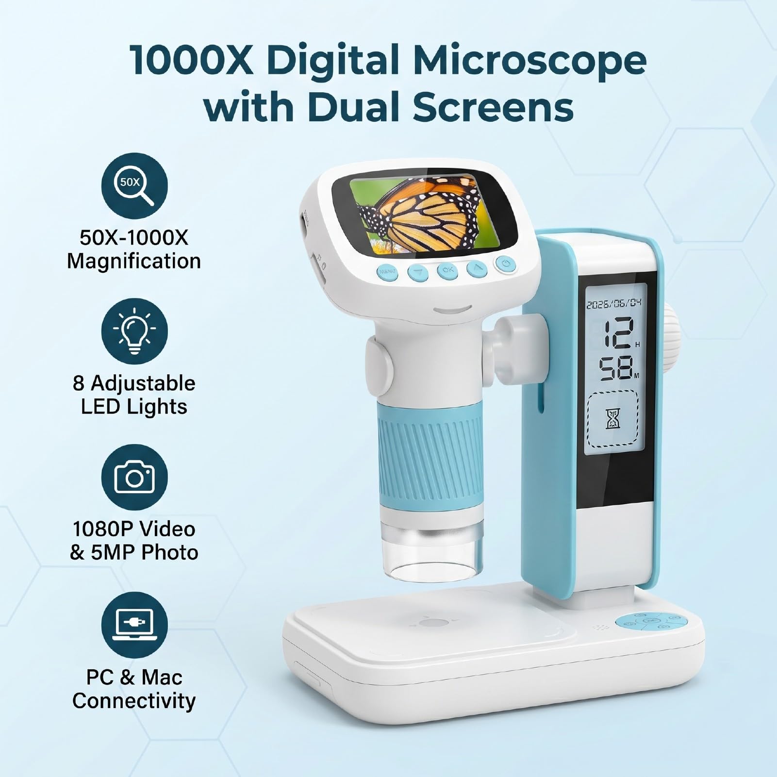 Srliya Microscopio Digitale Portatile 1080P 1000X Telecamera di Ispezione per Microscopio Portatile USB Regolabile con 8 Luci a LED per Bambini Adulti