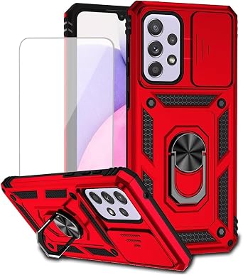 for Galaxy A33 5G Case, Samsung A33 5G SM-A336E Case with Tempered Glass Screen Protector and Slide Camera Cover, Magnetic Ring Car Mount Holder Protective Cover for Samsung Galaxy A33 5G Red