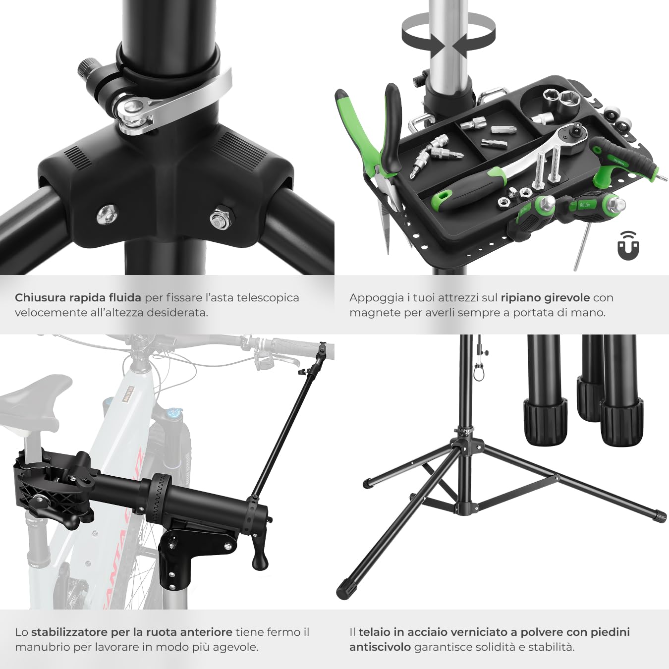 tectake®, Set Cavalletto bici per riparazione in acciaio e borsa telaio, cavalletto manutenzione bici, bike stand, ebike e bicicletta supporto, porta mtb, asta telescopica regolabile - Stile Treppiede