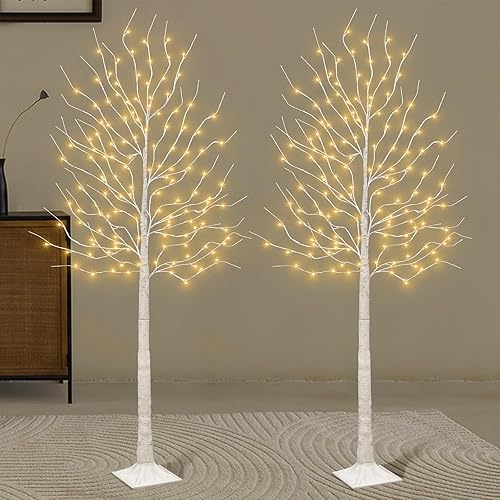 Juego de 2 árboles de abedul iluminados de 6 pies, 160 LED blanco cálido, para el hogar, festival, fiesta y decoración de Navidad, uso en interiores