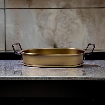 Deconox 32cm Gold Kaplama Lüks Galvaniz Metal Boyalı Oval Tepsi Zarafet ve Dayanıklılığı Buluşturuyor
