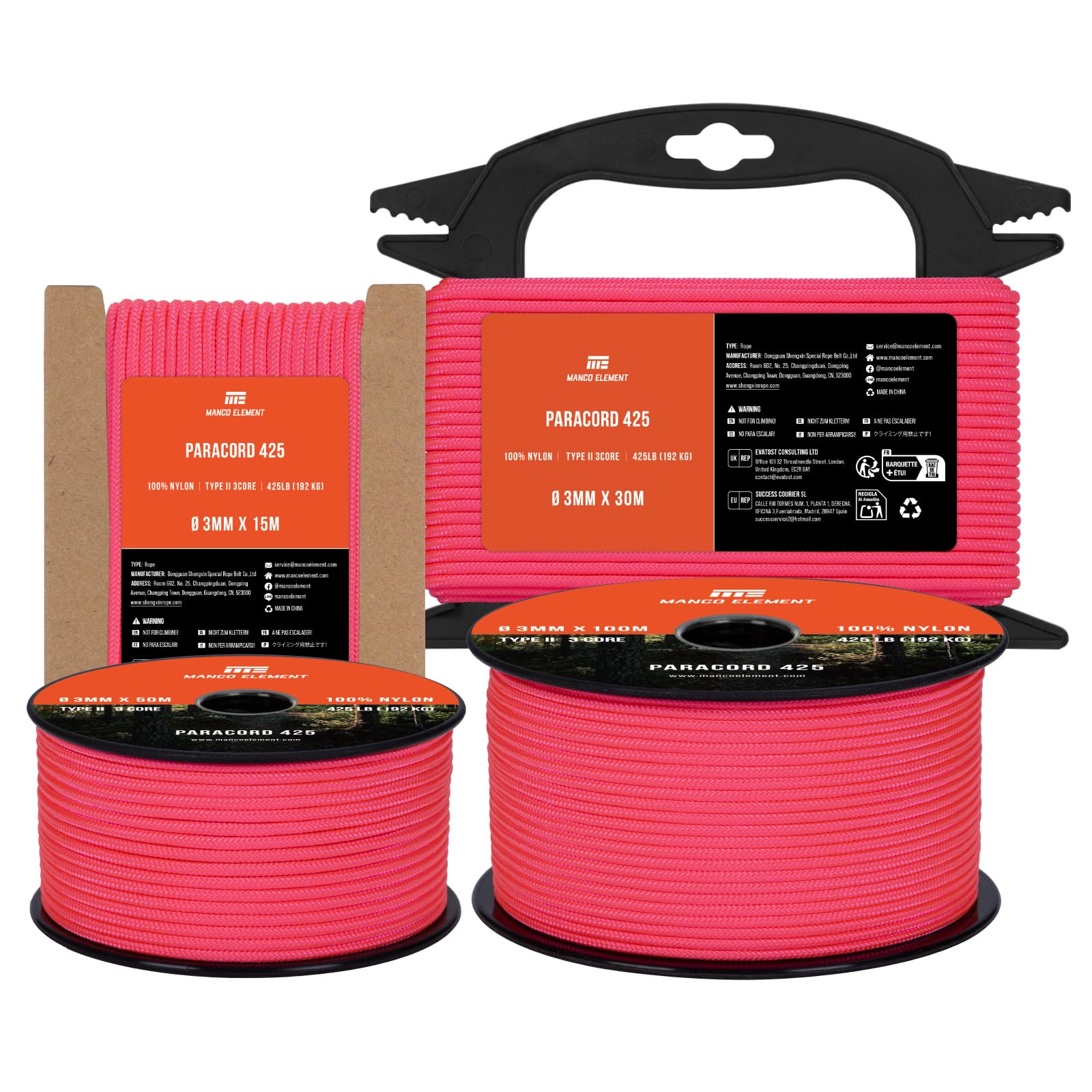 Manco Element 3mm Paracord 425 Type II 30m Neon Pink | 100% Nylon Rope 3 Strands Tactical Cord | Ideal for Outdoor, Camping, Survival, Crafting, DIY