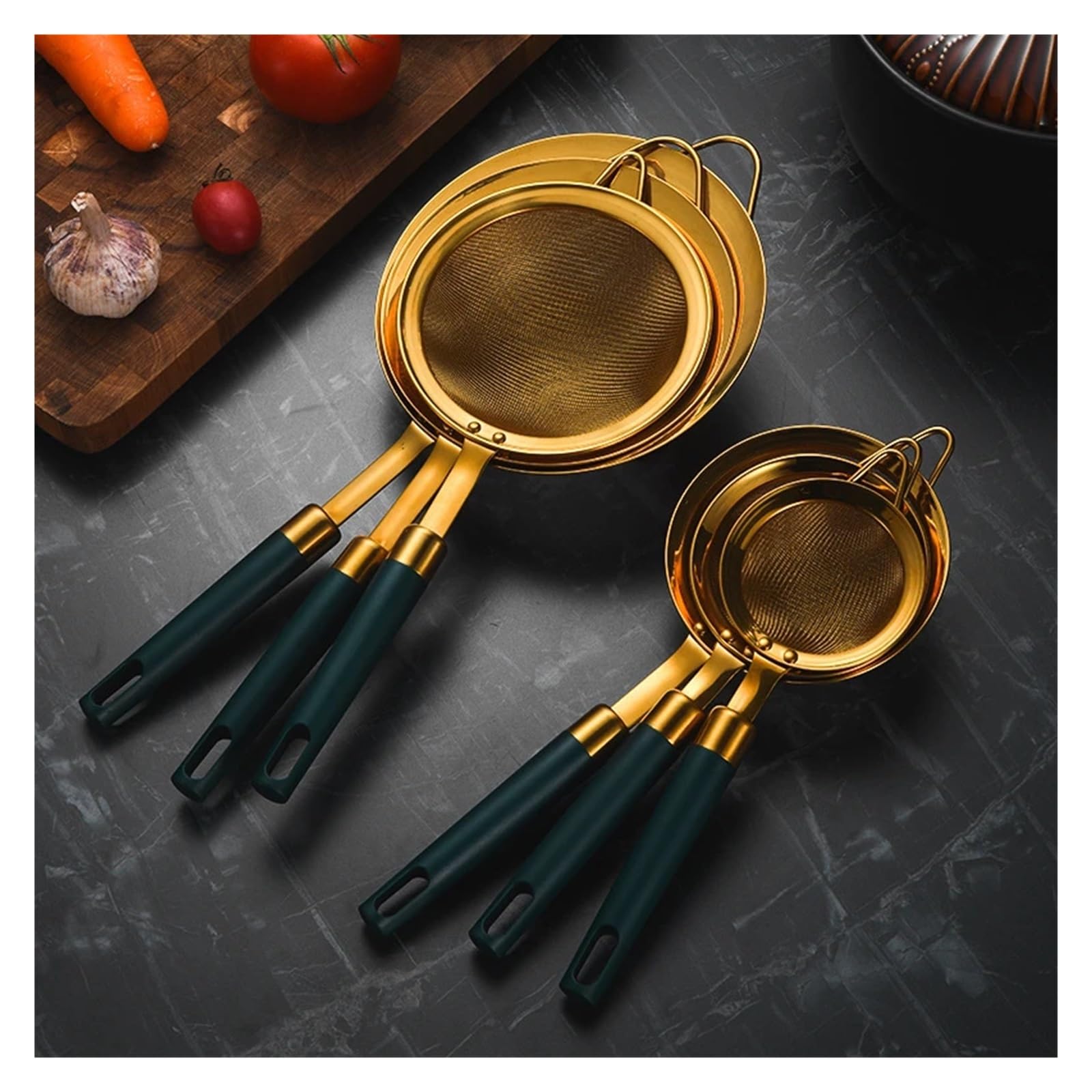 colador acero inoxidable Colador de malla fina acero inoxidable 304 con mango dorado y verde, cuchara colador, utensilios cocina(18cm)