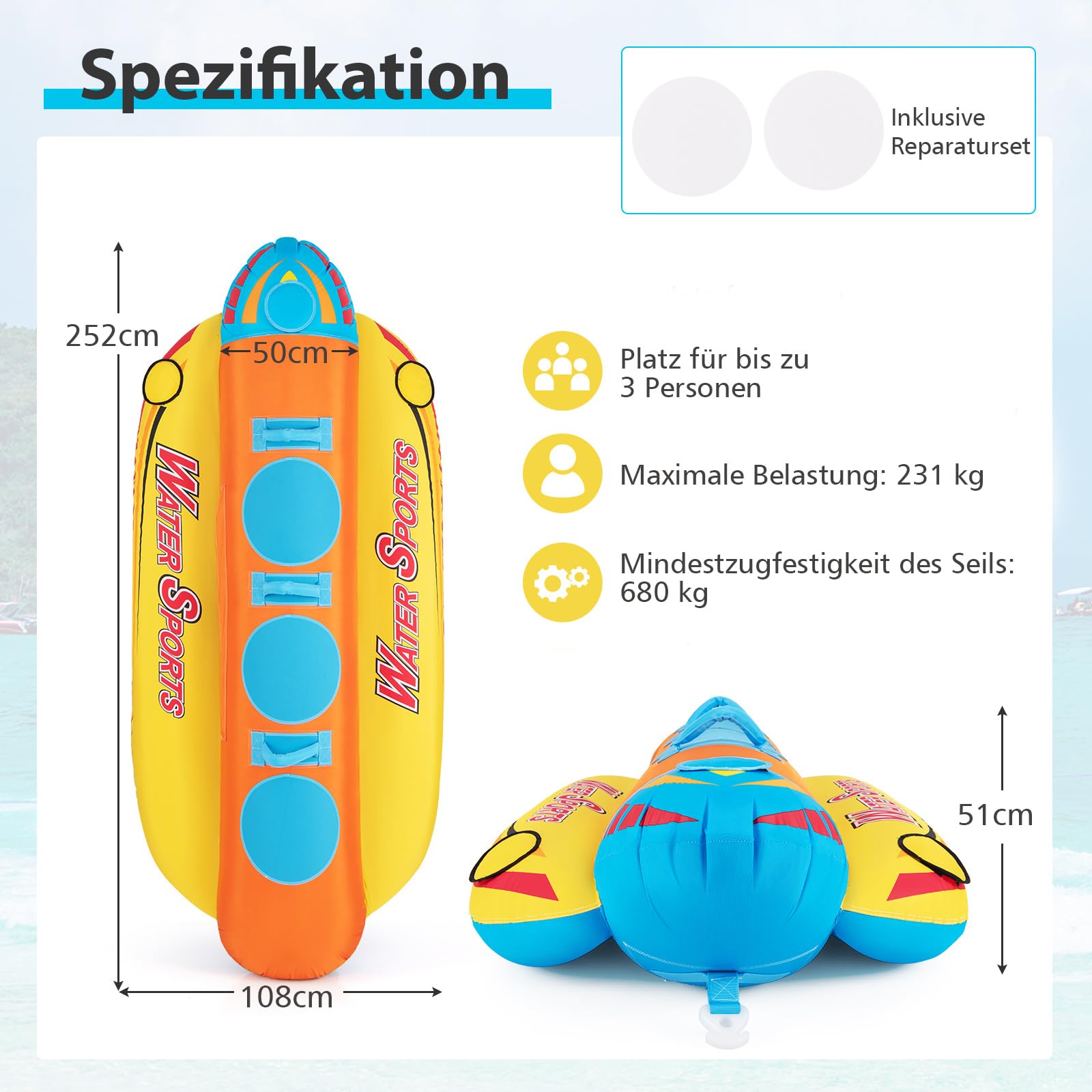COSTWAY Bananenboot für 3 Personen, Towable Tube mit 3 Eva-gepolsterten Sitzen und Griffen, Wassersport Funtube, Formula Tube für Boot, Reparatursatz enthalten