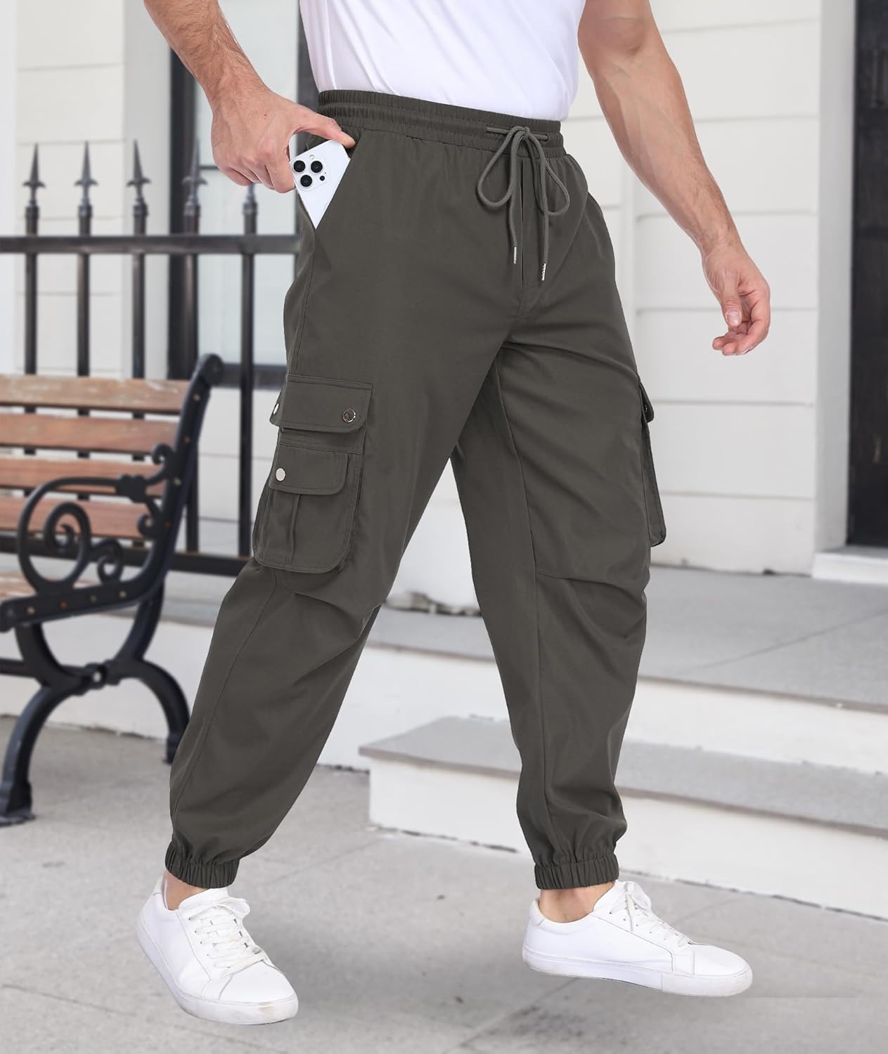 Men's Casual Cargo Pants Drawstring Hiking Pants Workout Tactical Joggers Sweatpants for Men - Image 2