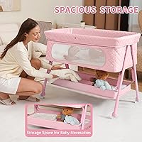 Vista 5 de Bedside Bassinet for Baby, Easy to Assemble Portable Bassinet for Newborn with Storage Basket, Lockable Wheels & Soft Mattress, Adjustable Height