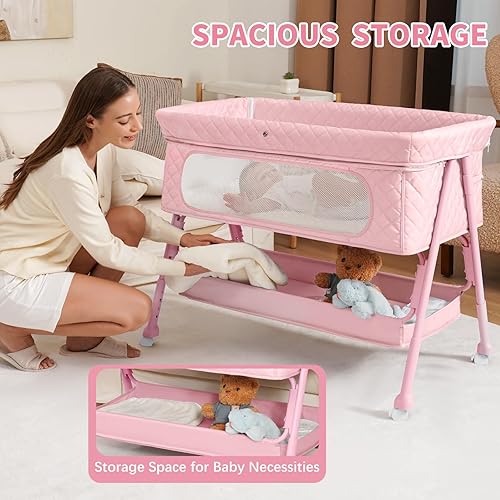 Miniatura 5 de Moisés de noche para bebé, fácil de montar, moisés portátil para recién nacido con cesta de almacenamiento, ruedas bloqueables y colchón suave, cuna