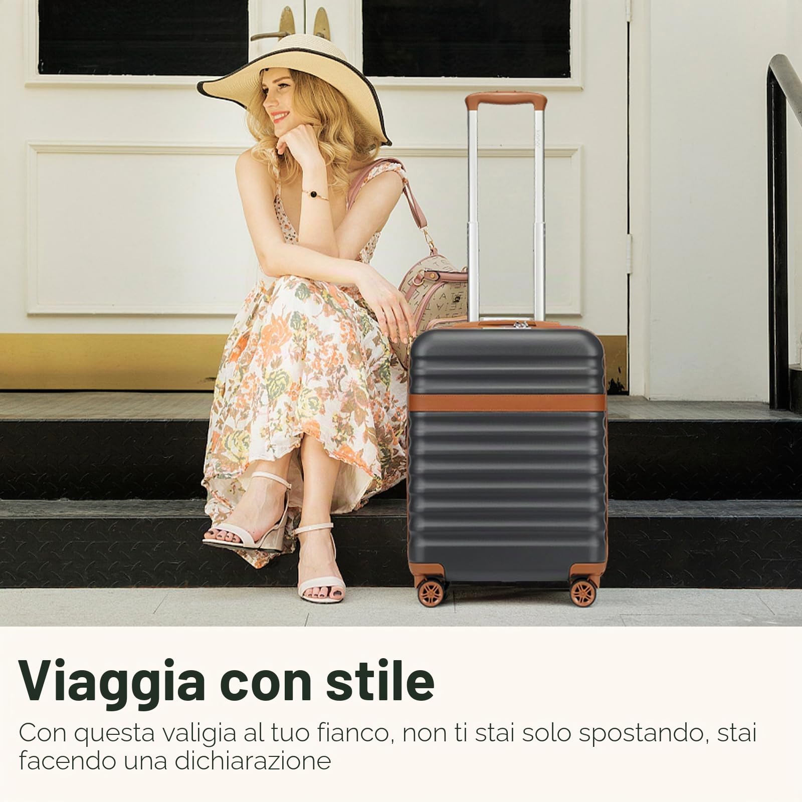 KONO Set di 3 Valigie Bagaglio a Mano, Media e Grande, Grigio/Marrone | Set Rigido ABS+PC, Leggero e Resistente agli Urti, Serratura TSA, Ruote 360°, Interni Organizzati, Media e Grande Espandibili