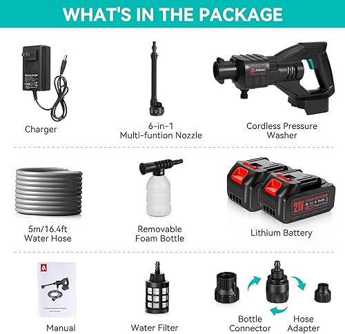 Miniatura 8 de Lavadora a presión inalámbrica de 800 PSI, lavadora a presión inalámbrica portátil de 1.5 GPM con 2 baterías de 3.0 Ah y boquilla 6 en 1  para