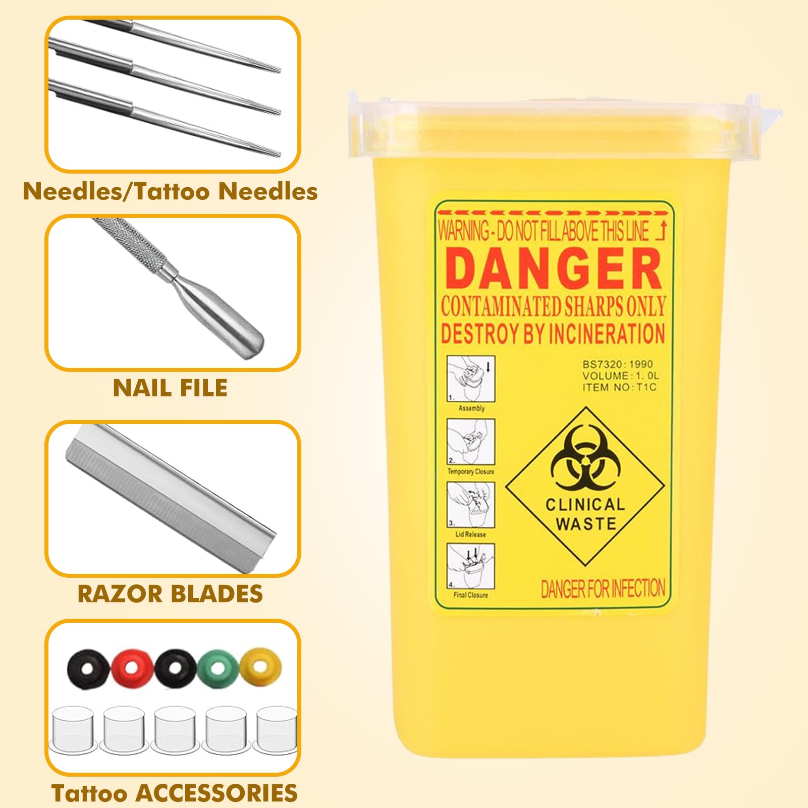 Jadeshay Contenitore per Aghi Taglienti in Plastica Medica 1 Litro Giallo