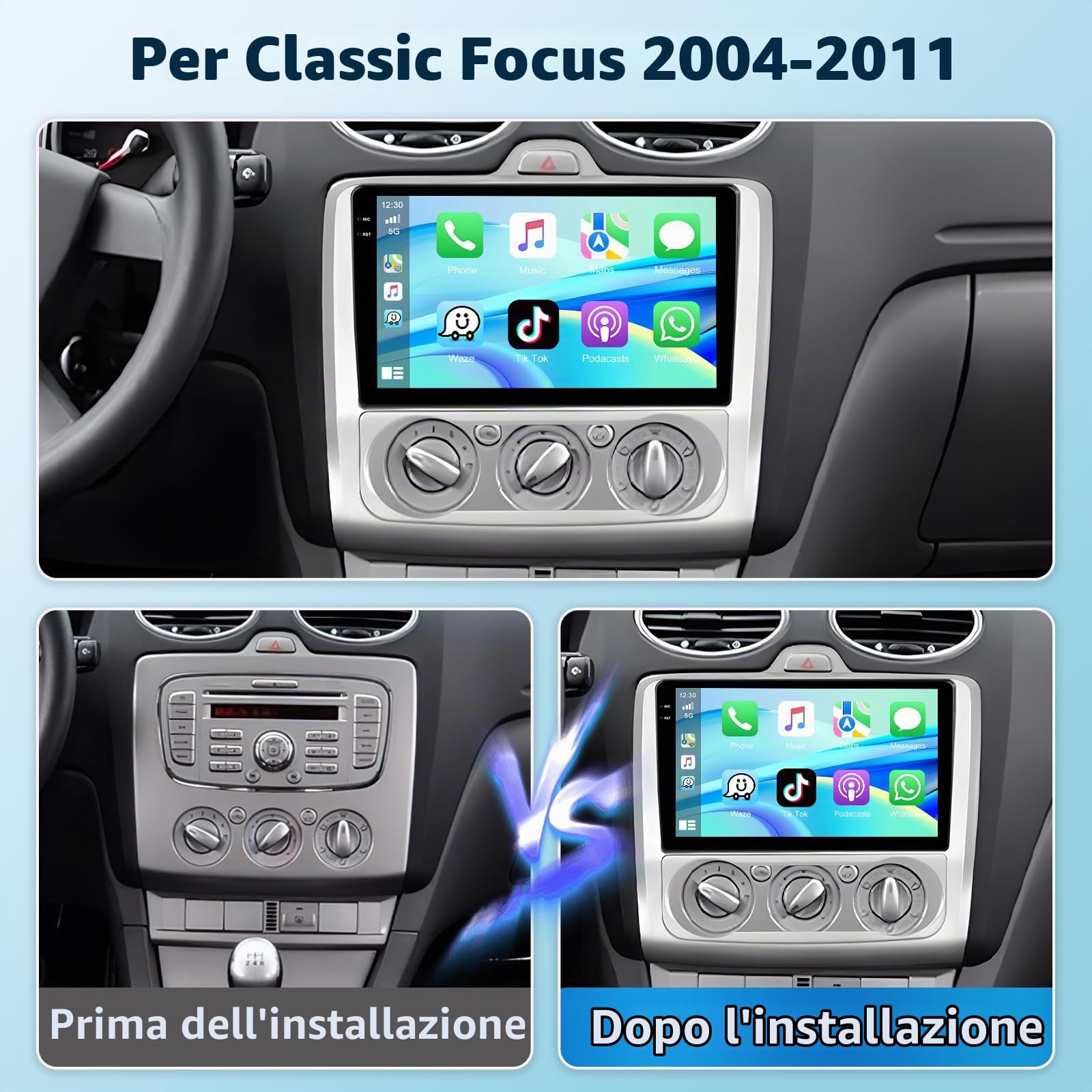 Autoradio Motorsi 2 Din 4G+64G Per Ford Classic Focus 2004-2011, Autoradio 9 Pollici 1280P Con Sistema Android 15, A-pple Carplay Android Auto GPS Bluetooth 5.0 WiFi FM/RDS 2USB Supporta DAB+ OBD2