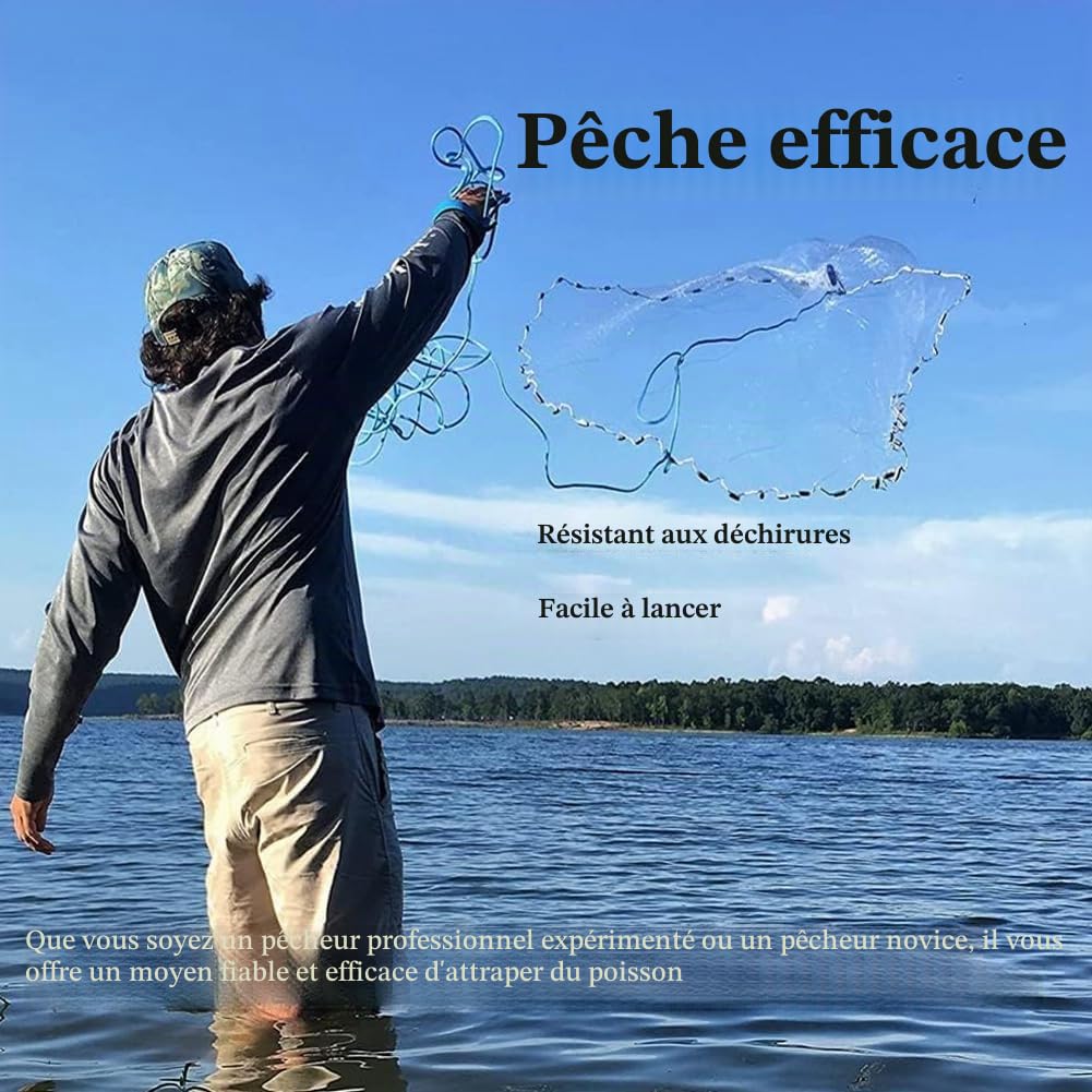 Filet à Lancer de 2,4 m de diamètre en Nylon monofilament avec Corde de 8 m | Filet maillé de 0,5 doigt, épervier pour lancer à la main, adapté à la pêche en rivière, au lac ou en bord de mer