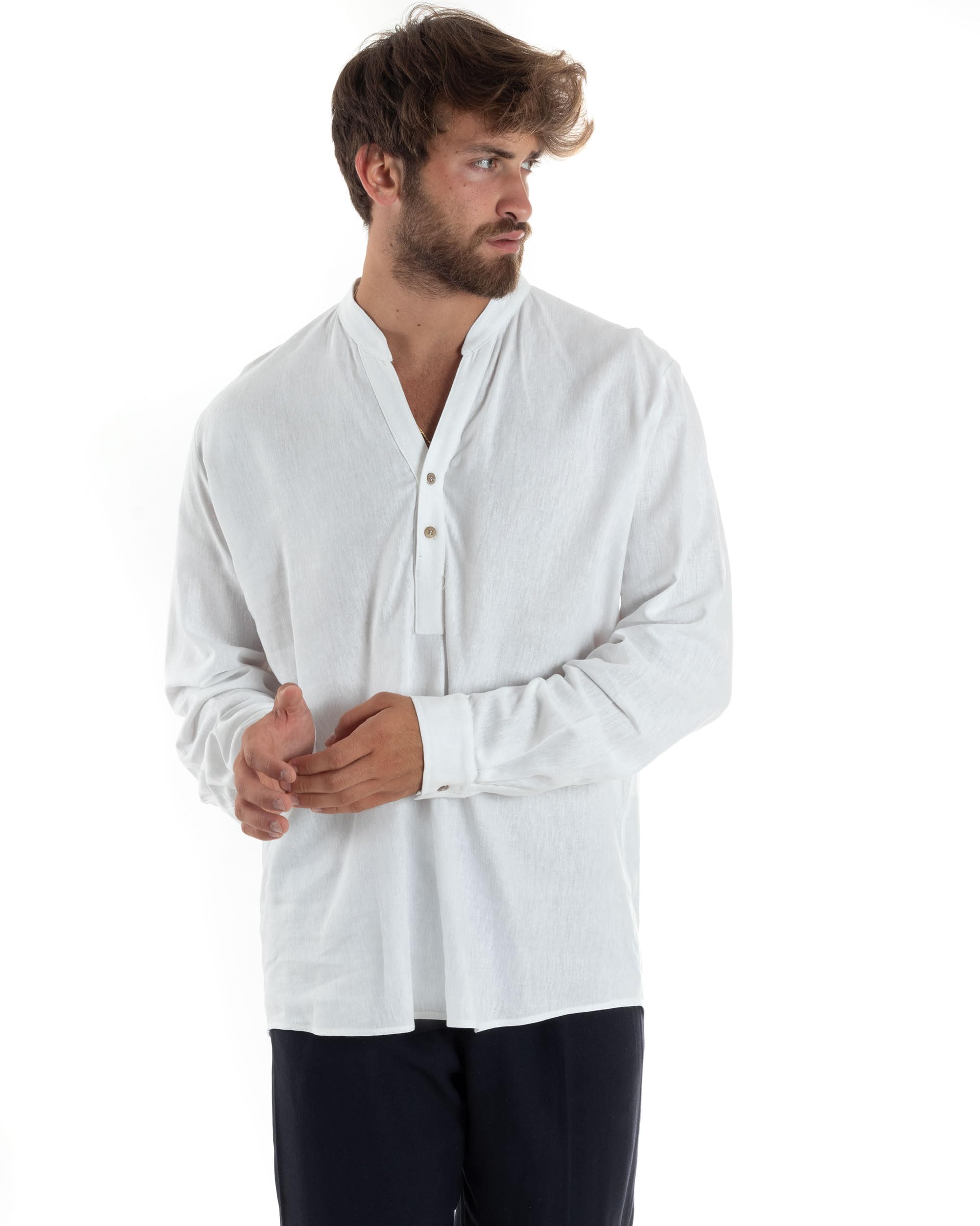 Camicia Maniche Lunghe Uomo Lino Regular Fit Collo Serafino alla Coreana Casual Tinta Unita Vari Colori