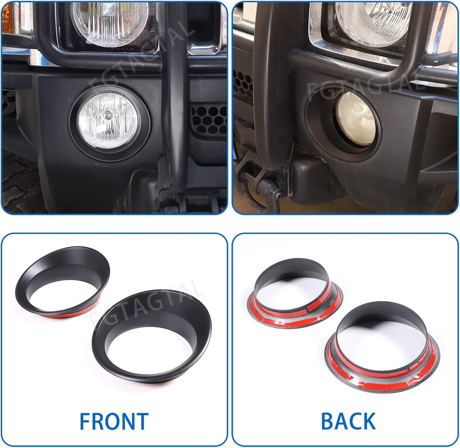 Front Bumper Driving Fog Light Ring Bezels Covers Trim Molding Fit for Hummer H3 2005-2009, ABS Front Fog Light Lamp Decoration Protector Accessories, 2PCS (Matte Black)
