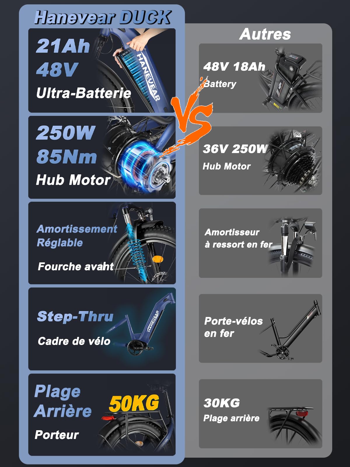HANEVEAR Vélo Électrique Homme | Batterie 21Ah 48V Amovible | Moteur 250W 85N.m | 26"*4.0" Fat Tire VTT Électrique Adulte, Freins Hydrauliques, Fat Bike Électrique Tout-Terrain pour Adultes