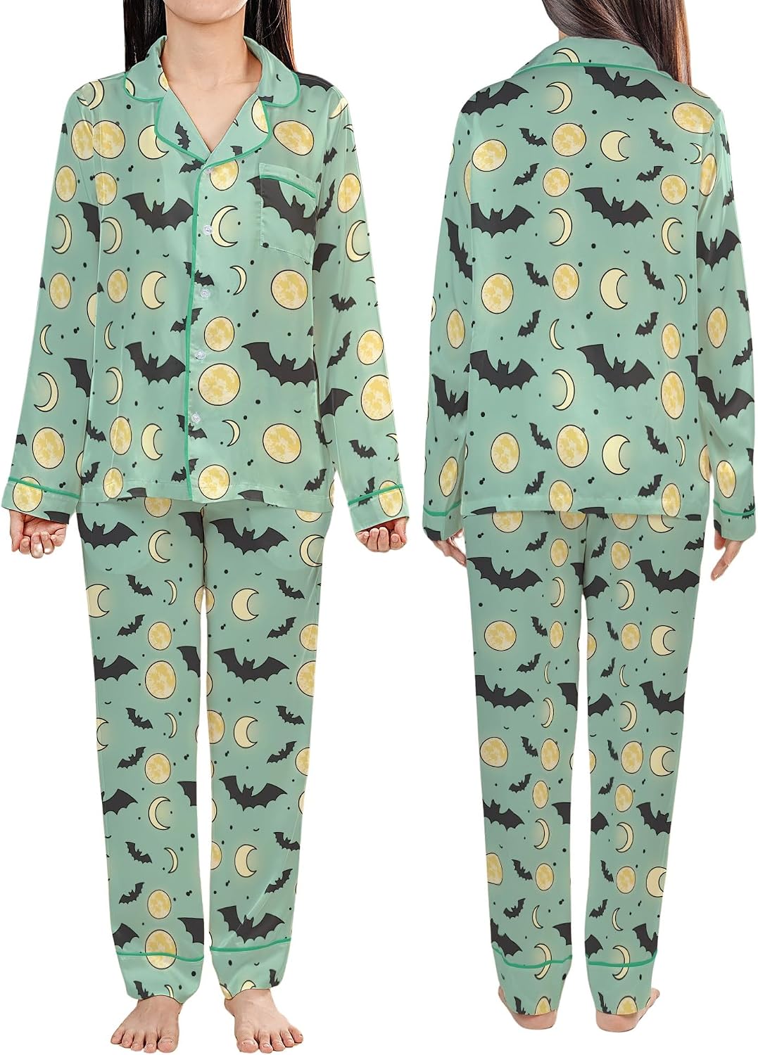 ThuhaTree Store Halloween Bat And Moon Pajamas Set Short & Long, Halloween Theme Pajamas Set Design For Lovers Multi